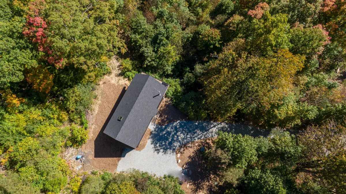 A modern black house framed by tall trees and set along a gravel driveway, giving a sense of seclusion and immersion in nature. The setting suggests peaceful mornings and opportunities for wildlife spotting right from the porch.